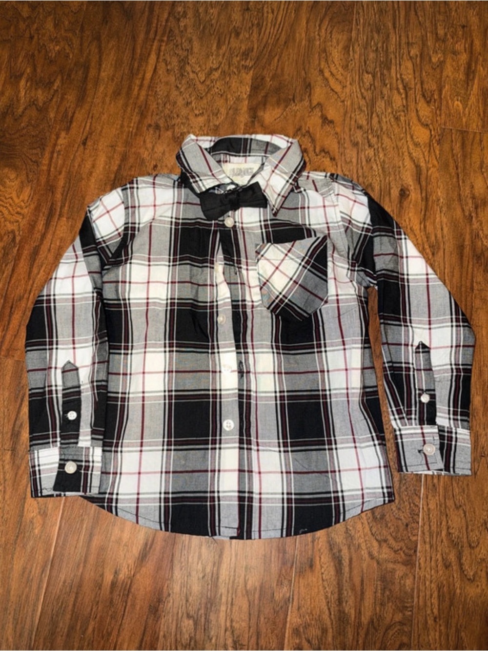 Boys Black & White Plaid Button-Down Shirt with Bow Tie